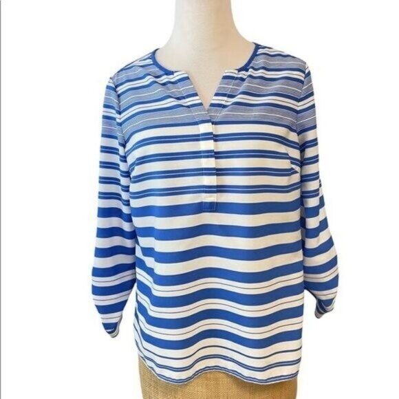 Talbots Blue Stripe Adjustable Sleeve Blouse Top Medium Petite PM - Picture 2 of 6